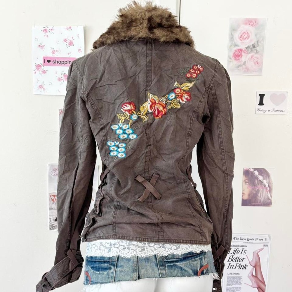 Womens Brown Embroidered Faux-Fur Collar Jacket